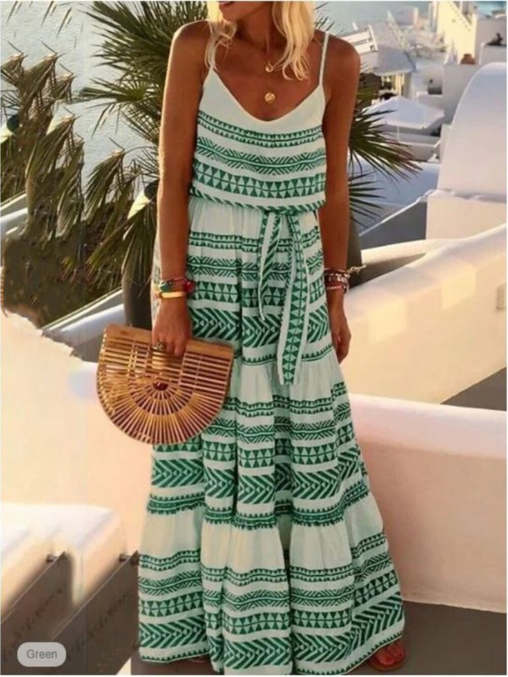 Devotion Twins Green & White Maxi Dress with belt